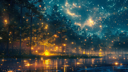 Night Forest Camping with Starry Sky and Fireflies, Digital Illustration of Tents Glowing Under Stars by Water, Serene Evening in Wilderness
