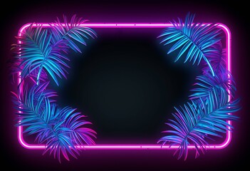 Pink neon glowing frame and palm leaves with dark background. Generated Ai