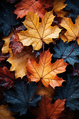 Vertical photo of a close up of some autumn leaves, with warm colors and drops of water breeze, generative AI