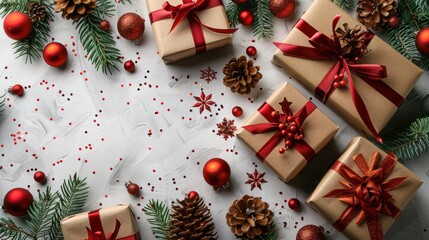 Festive Winter Flatlay with Christmas Fir, Gift Boxes, and Red Ribbon on White Background - Xmas and New Year Greeting Card