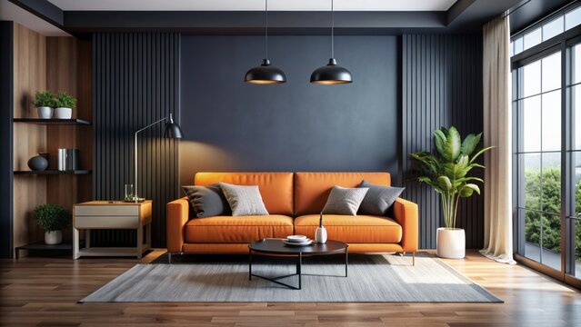 Modern Scandinavian living room interior with sleek black mockup wall adorned with vibrant orange sofa against a subtle background.