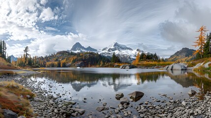 serene lake view with snow-capped mountain and autumn colors in the scene