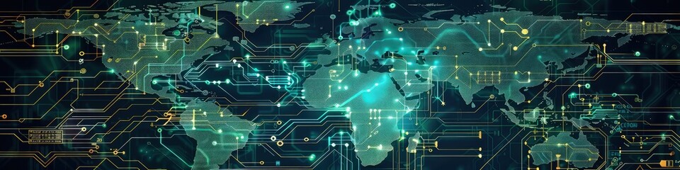 Fototapeta premium A graphic world map with continents outlined in fine pixel grids and connected by a network of electronic circuits, highlighting technological interdependence