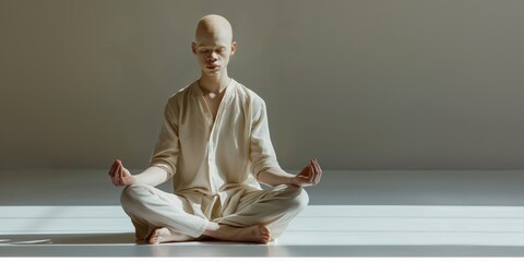 Relaxed albino man meditating in a yoga pose with closed eyes, sitting cross-legged on a plain light gray studio background, with copy space 