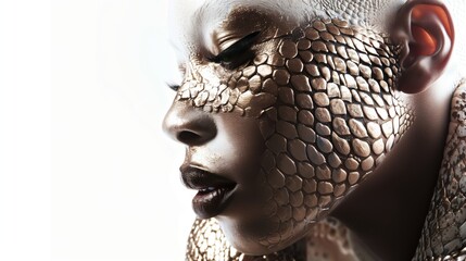 Beautiful European albino woman with otherworldly snake skin makeup in a studio photo isolated on white background, with copy space 