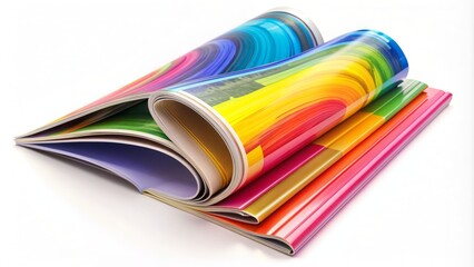 Vibrant colorful magazine lying isolated on white studio background with empty space around it ready for editing or design.