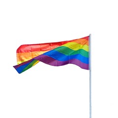 Photo of the vibrant LGBTQ+ flag waving against the white background, its colorful stripes of red, orange, yellow, green, blue, and purple, symbolizing diversity and pride.