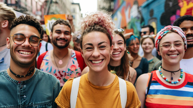 Amigos de diversas culturas compartiendo risas y alegr&iacute;a en un vibrante festival callejero