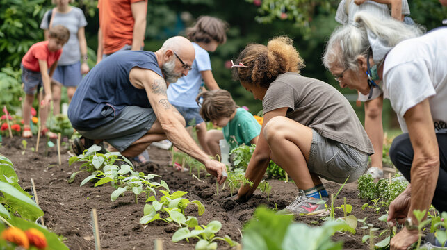 Abuelos y nietos trabajando juntos en la huerta, cultivando plantas en una actividad comunitaria al aire libre