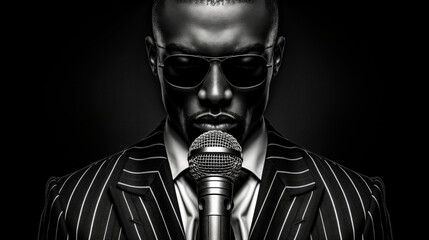 Black and white image of a stylish singer in a pinstripe suit and sunglasses, speaking or singing into a microphone