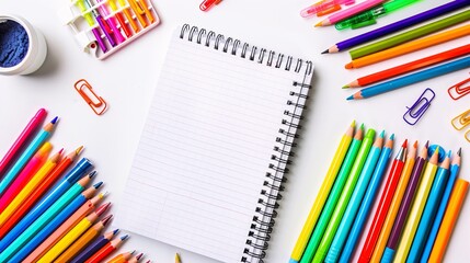Obraz premium Ultra-sharp photograph of a flat lay with colorful pens and a blank notepad on a white background