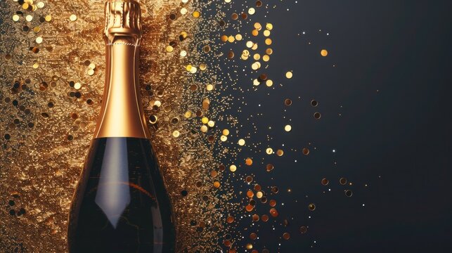 Glittering Champagne Bottle with Confetti on Beige Background - Perfect for a Hilarious Celebration - Flat Lay
