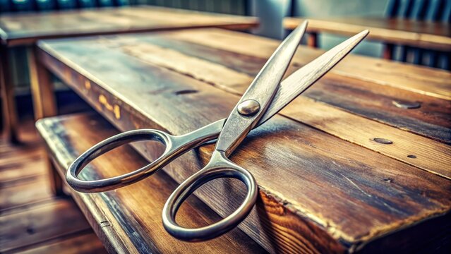 A shallow focus composition of newly sharpened metal scissors lying diagonally on a worn, wooden school desk surface.