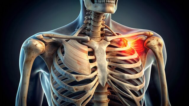 A close-up of a worn-out, inflamed, and degenerated human skeletal shoulder joint with visible bones and tendons.