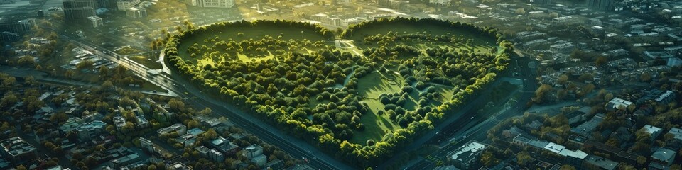 A heart-shaped park in the center of a sprawling city, symbolizing the heart and lungs of the community and their importance for a sustainable future