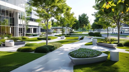 Obraz premium Modern Office Building Courtyard with Lush Greenery