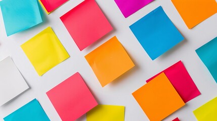 Minimalist flat lay of colorful sticky notes arranged neatly on a white background