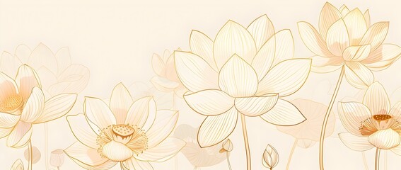Abstract line art lotus flowers in beige and gold on cream background, vector illustration, contour, no shadows, highly detailed