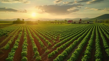Breathtaking landscape of vibrant crop fields at sunset, showcasing rural beauty and tranquility, ideal for agricultural and ecological themes.