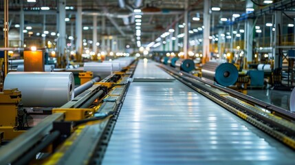 Naklejka premium A modern manufacturing facility showcasing an automated production line with machinery and materials in a well-lit environment.