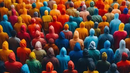 Fototapeta premium Aerial view of a large crowd wearing bright, colorful hoodies, showcasing diversity in style and unity. Perfect for themes of community and vibrancy.