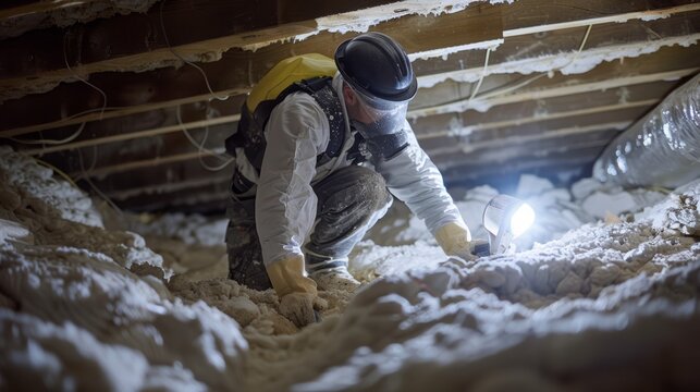 A worker inspects insulation in a dimly lit attic using a flashlight, highlighting safety in home maintenance and renovation.