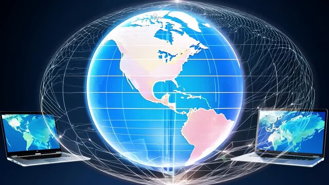 Concept of lobal computer communication and connectivity: a circle of laptops encircling a shiny blue Earth's surface