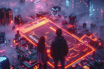 Aerial view of a futuristic city with neon lit streets showcasing advanced technology urban life and digital innovation