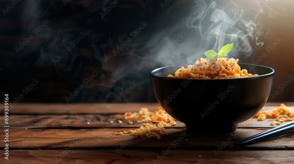 Poster a steaming bowl of instant noodles sits on a wooden table, emanating delicious aromas and inviting y