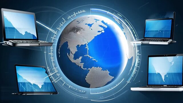 Concept of lobal computer communication and connectivity: a circle of laptops encircling a shiny blue Earth's surface