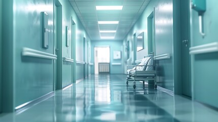 Obraz premium a hospital hallway with a medical cart in the middle