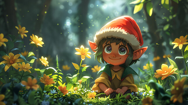 cute elf character illustration with forest background