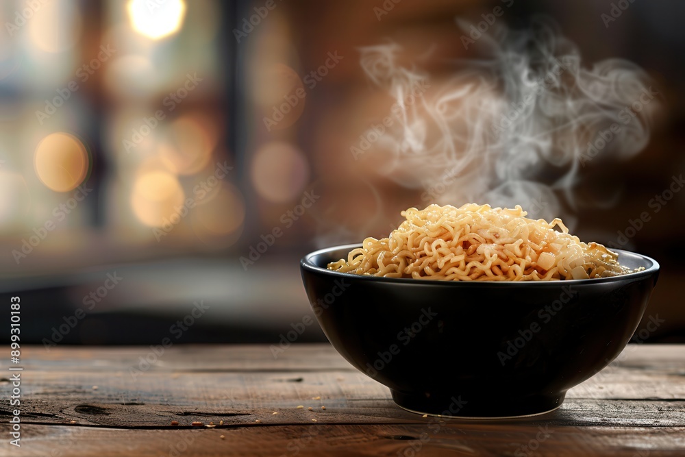 Poster Steaming instant noodles fill a bowl on a rustic wooden table, inviting warmth and comfort in a relaxed atmosphere. Generative AI