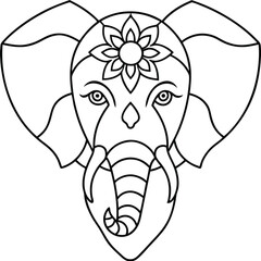 Elephant head coloring page kids friendly simple line art cute elephant  face with geometric flower mandala design pattern minimal clipart art KDP coloring interior
