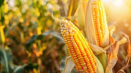 Ripe corn on the field at sunrise with copy space. close-up.