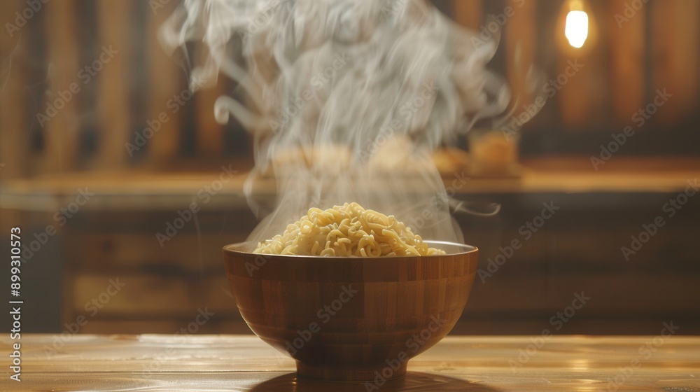 Aufkleber a steaming bowl of instant noodles sits on a rustic wooden table, inviting you to enjoy a warm and s