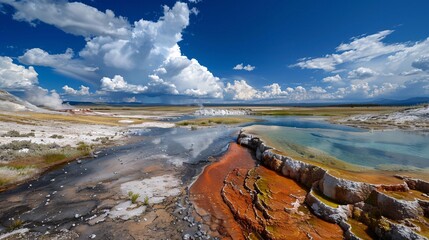 Naklejka premium A dramatic sunset over the Yellowstone River, with the sky painted in hues of orange and pink, reflecting on the water’s surface
