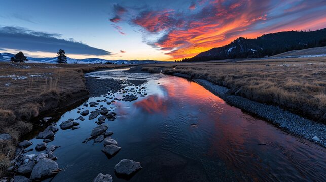 A dramatic sunset over the Yellowstone River, with the sky painted in hues of orange and pink, reflecting on the water&rsquo;s surface