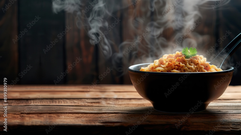 Poster a bowl of steaming instant noodles sits on a wooden table, exuding warmth and inviting comfort for a