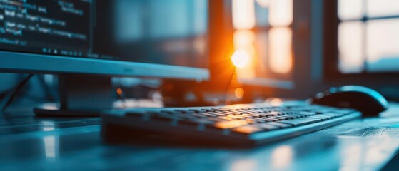 Optimization concept with improving processes and sunlight filtering through a techdriven office, showcasing efficiency and continual improvement, banner, with copy space