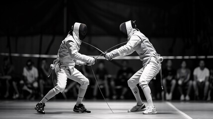 A fencing match in progress, with two fencers in mid-action, swords clashing. The background shows the scoring board and a captivated audience, along with coaches providing guidance 