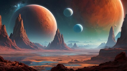 Alien Landscape with Multiple Moons and Rocky Mountains.