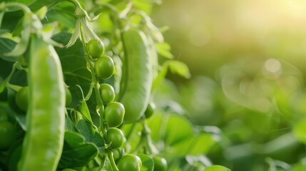 Pea Explosion with bright green peas scattering from their pods and sunlight filtering through, capturing the sweet and tender nature of fresh peas, banner, with copy space