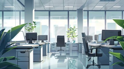 Modern Office Interior Design with Sunlight Streaming Through Windows
