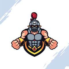 Warrior in Steel Grey Armor with Golden Helmet Vector Mascot