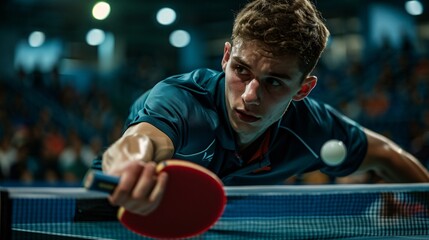 A table tennis player returning a fast serve, eyes focused and body poised. The indoor arena features tables, referees, and an engaged audience