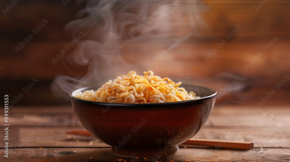 Poster a bowl of steaming instant noodles sits invitingly on a wooden table, releasing fragrant wisps of st