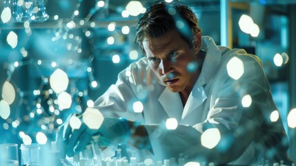 Scientist in laboratory conducting experiments with chemical substances, surrounded by illuminated particles. Focused on research.
