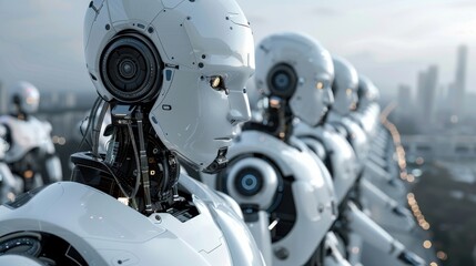 Fototapeta premium Row of futuristic humanoid robots with artificial intelligence standing in an urban environment, representing the future of technology.