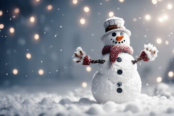 A joyful snowman in a snowy landscape with festive decorations, creating a merry holiday atmosphere
